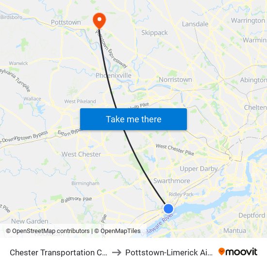 Chester Transportation Center to Pottstown-Limerick Airport map