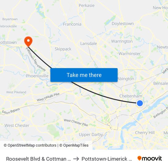 Roosevelt Blvd & Cottman Av - FS to Pottstown-Limerick Airport map