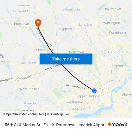 56th St & Market St - Fs to Pottstown-Limerick Airport map