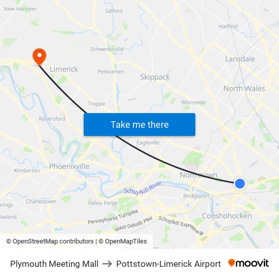 Plymouth Meeting Mall to Pottstown-Limerick Airport map