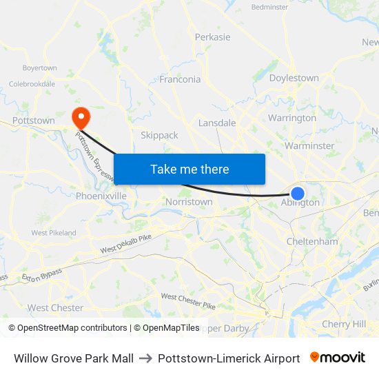 Willow Grove Park Mall to Pottstown-Limerick Airport map