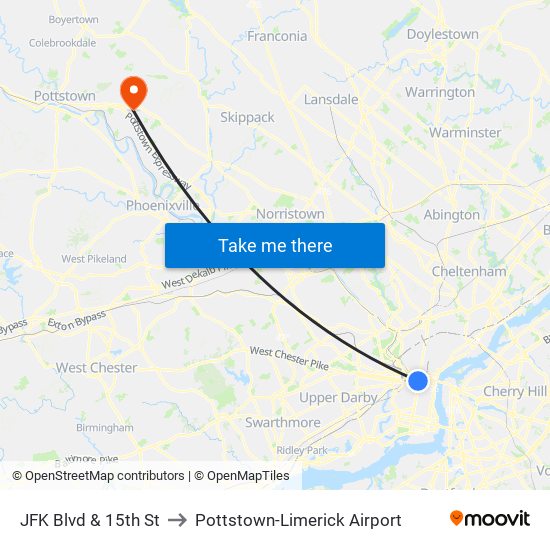 JFK Blvd & 15th St to Pottstown-Limerick Airport map