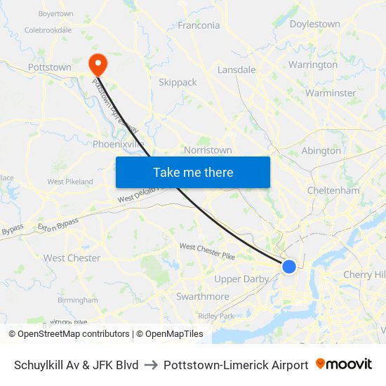 Schuylkill Av & JFK Blvd to Pottstown-Limerick Airport map