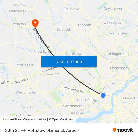 30th St to Pottstown-Limerick Airport map