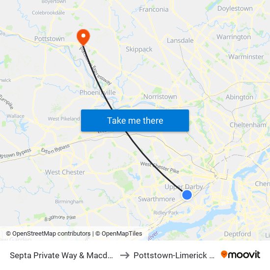 Septa Private Way & Macdade Blvd to Pottstown-Limerick Airport map