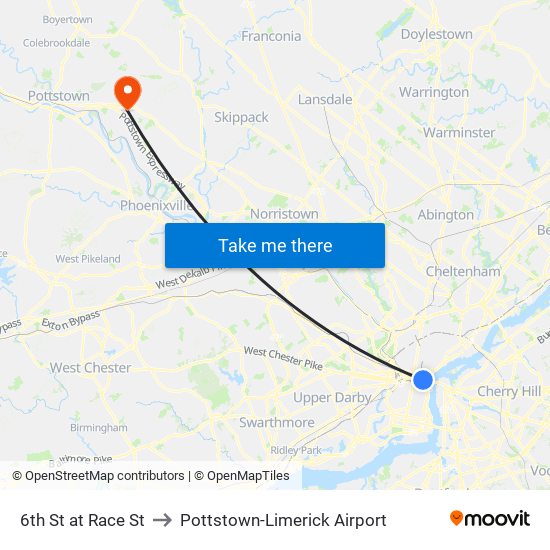 6th St at Race St to Pottstown-Limerick Airport map