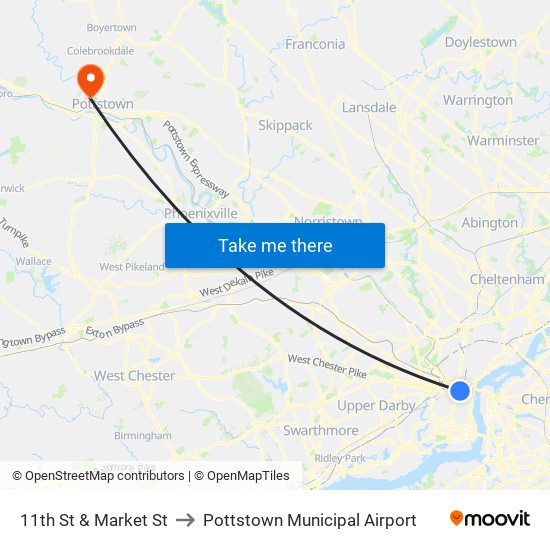 11th St & Market St to Pottstown Municipal Airport map