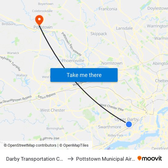 Darby Transportation Center to Pottstown Municipal Airport map