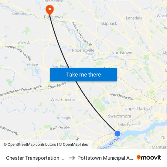 Chester Transportation Center to Pottstown Municipal Airport map