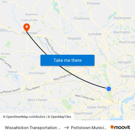 Wissahickon Transportation Center - Onsite to Pottstown Municipal Airport map