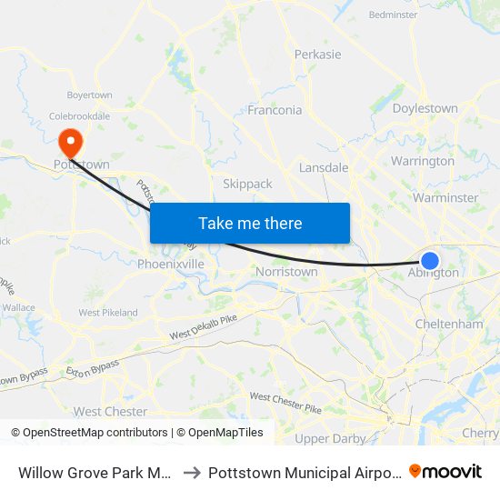 Willow Grove Park Mall to Pottstown Municipal Airport map