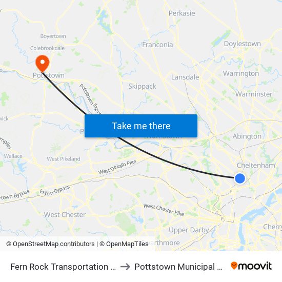 Fern Rock Transportation Center to Pottstown Municipal Airport map