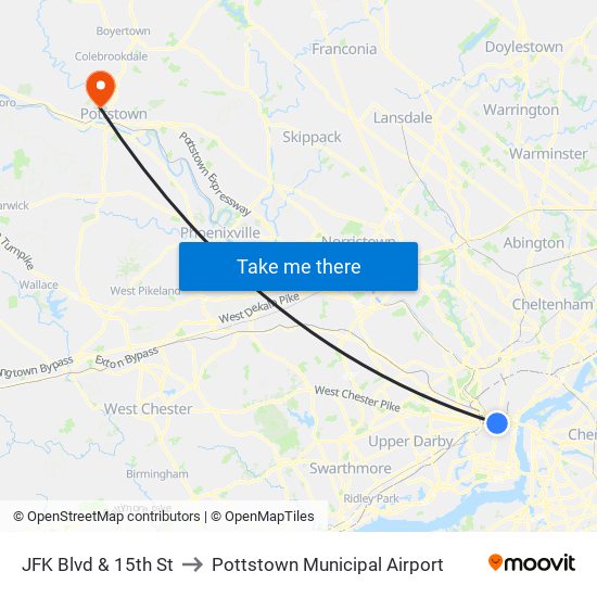 JFK Blvd & 15th St to Pottstown Municipal Airport map