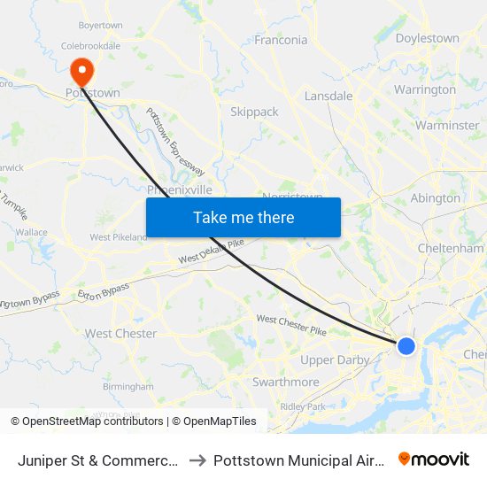 Juniper St & Commerce St to Pottstown Municipal Airport map