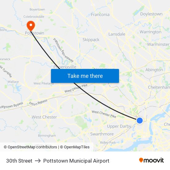 30th Street to Pottstown Municipal Airport map