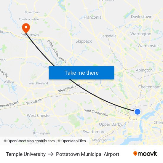 Temple University to Pottstown Municipal Airport map