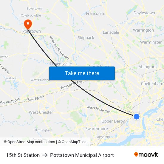 15th St Station to Pottstown Municipal Airport map