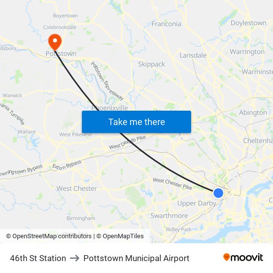 46th St Station to Pottstown Municipal Airport map