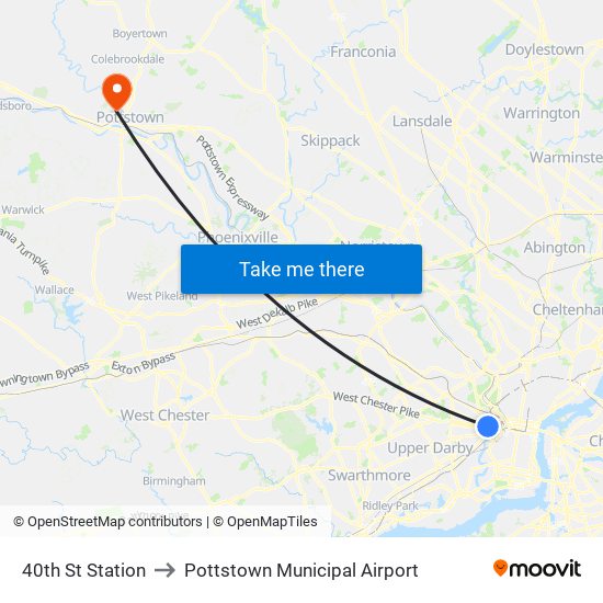 40th St Station to Pottstown Municipal Airport map