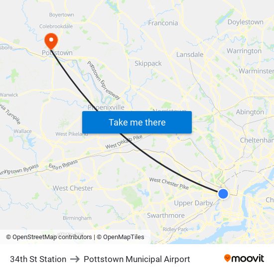 34th St Station to Pottstown Municipal Airport map