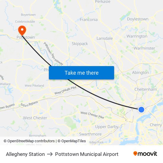 Allegheny Station to Pottstown Municipal Airport map