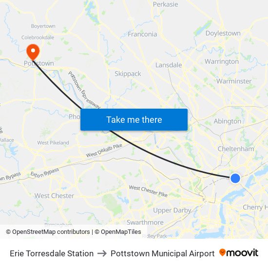 Erie Torresdale Station to Pottstown Municipal Airport map