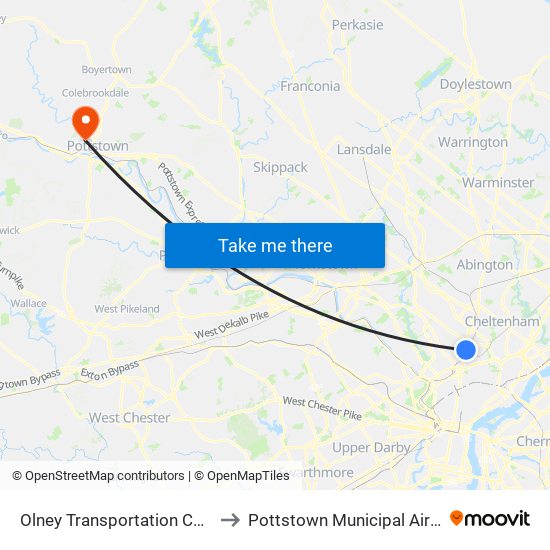 Olney Transportation Center to Pottstown Municipal Airport map