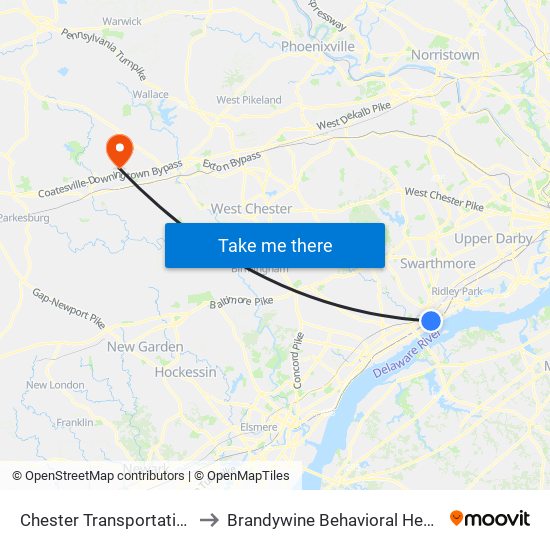 Chester Transportation Center to Brandywine Behavioral Health Pavilion map