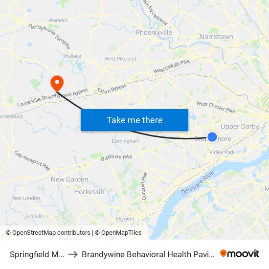 Springfield Mall to Brandywine Behavioral Health Pavilion map