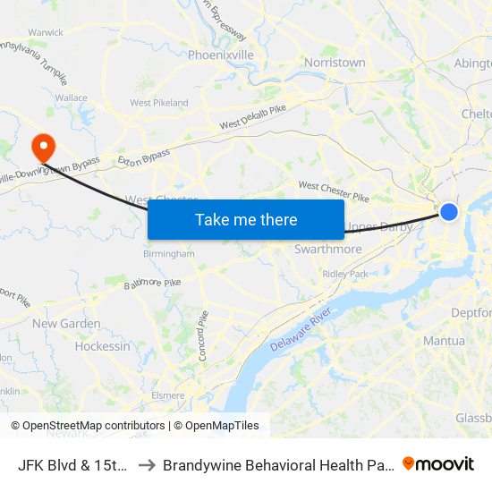 JFK Blvd & 15th St to Brandywine Behavioral Health Pavilion map