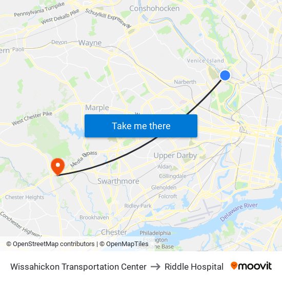 Wissahickon Transportation Center to Riddle Hospital map