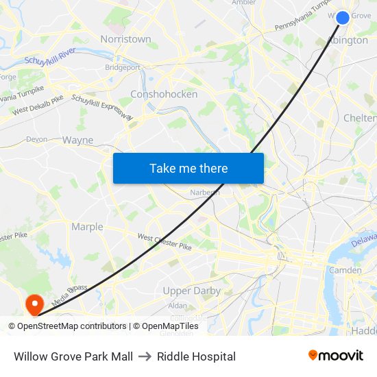 Willow Grove Park Mall to Riddle Hospital map
