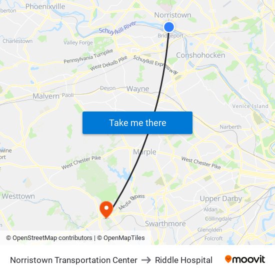 Norristown Transit Center to Riddle Hospital map