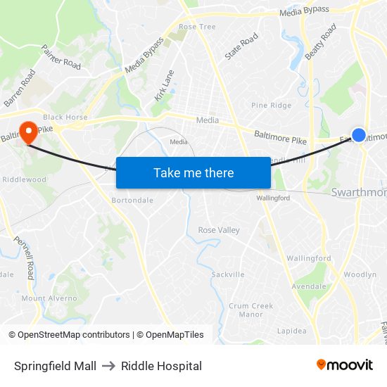 Springfield Mall to Riddle Hospital map