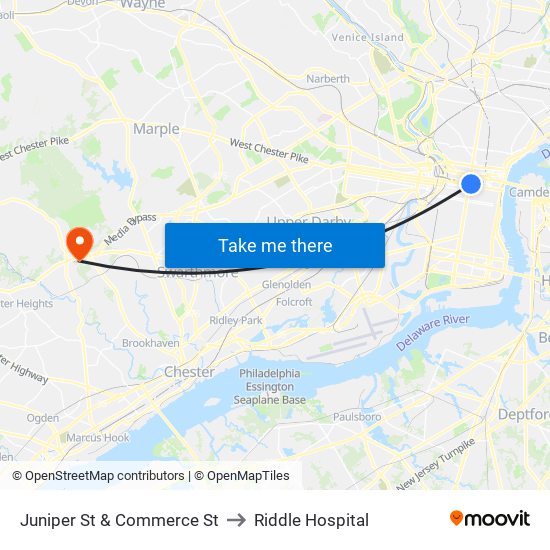 Juniper St & Commerce St to Riddle Hospital map