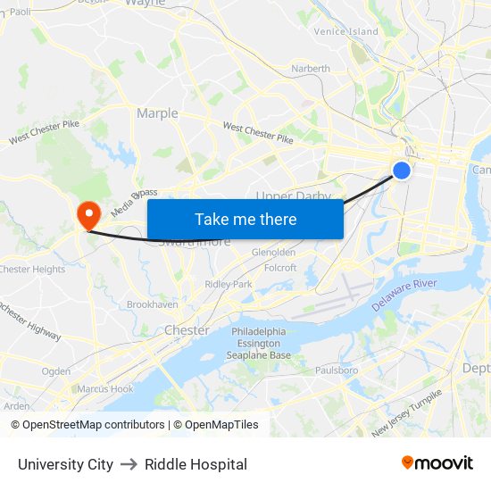 University City to Riddle Hospital map