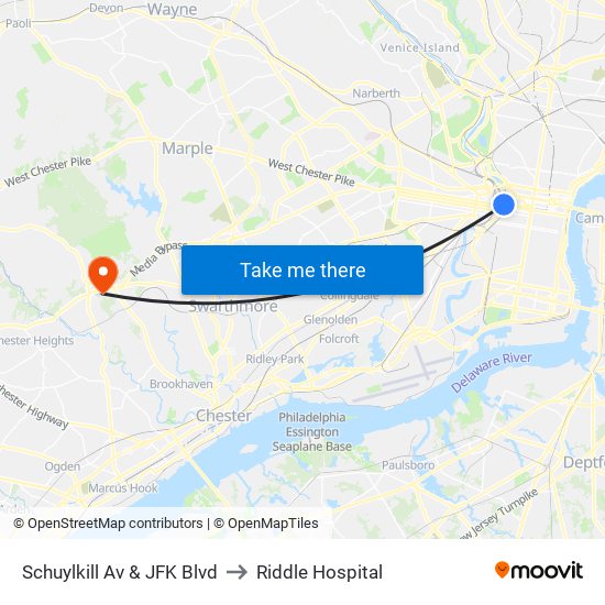 Schuylkill Av & JFK Blvd to Riddle Hospital map