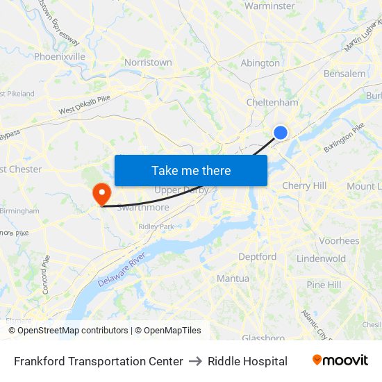 Frankford Transportation Center to Riddle Hospital map