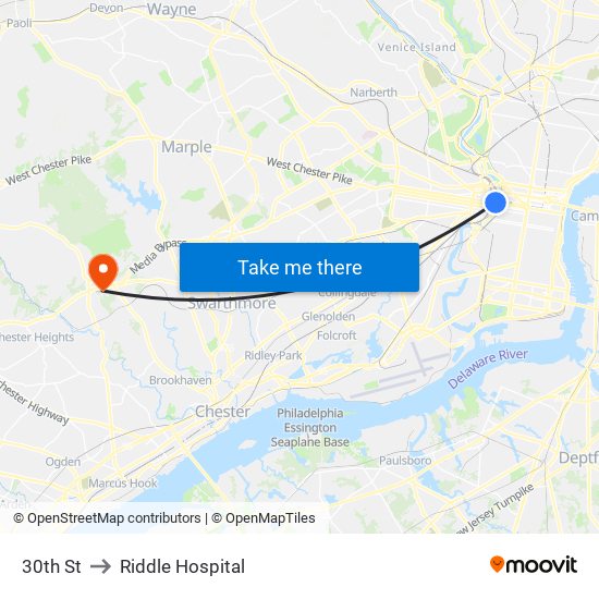 30th St to Riddle Hospital map