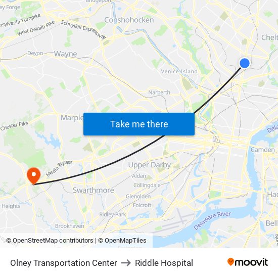Olney Transportation Center to Riddle Hospital map