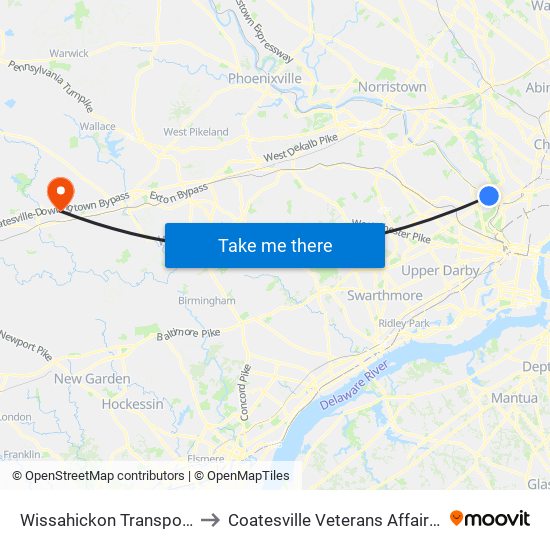 Wissahickon Transit Center to Coatesville Veterans Affairs Medical Center map