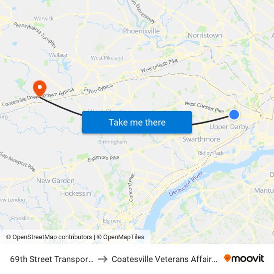 69th Street Transportation Center to Coatesville Veterans Affairs Medical Center map