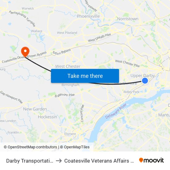 Darby Transportation Center to Coatesville Veterans Affairs Medical Center map