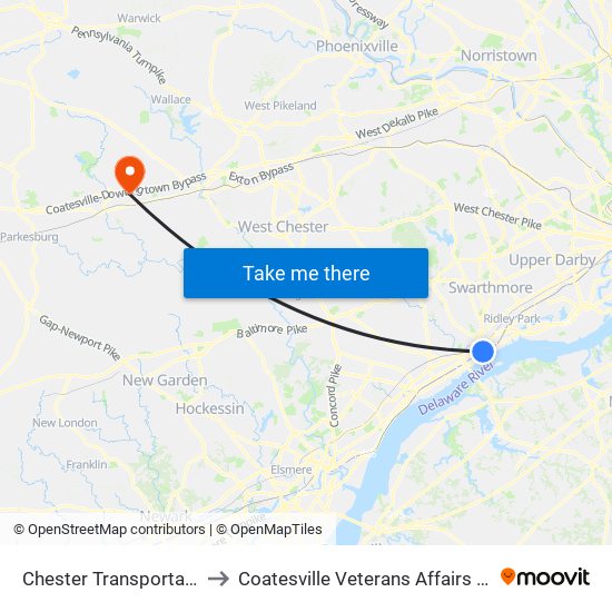 Chester Transportation Center to Coatesville Veterans Affairs Medical Center map