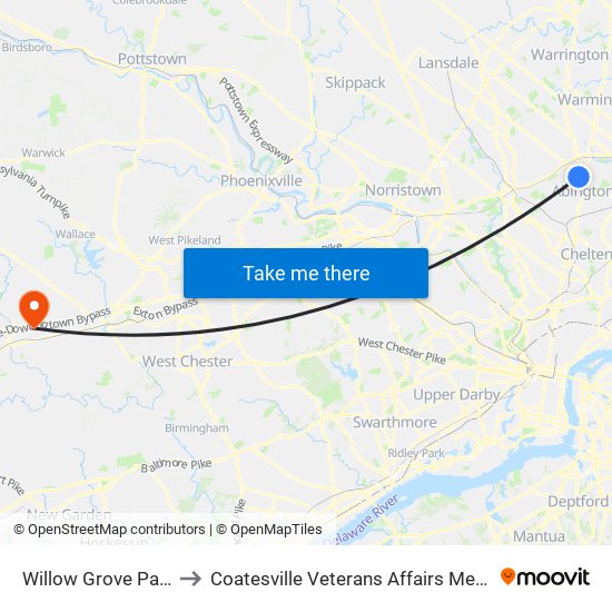 Willow Grove Park Mall to Coatesville Veterans Affairs Medical Center map