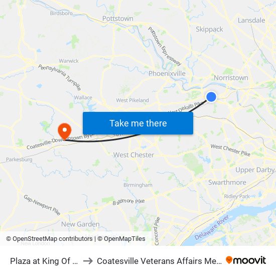 Plaza at King Of Prussia to Coatesville Veterans Affairs Medical Center map