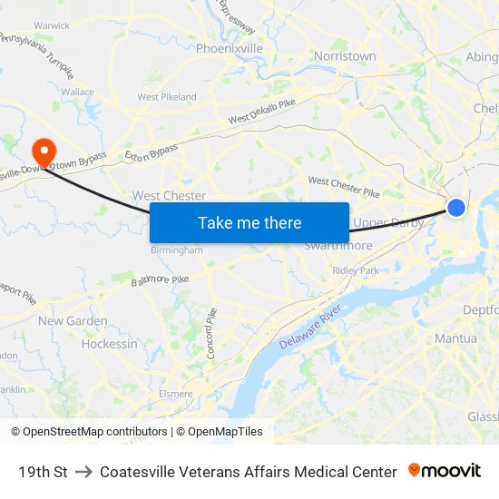 19th St to Coatesville Veterans Affairs Medical Center map