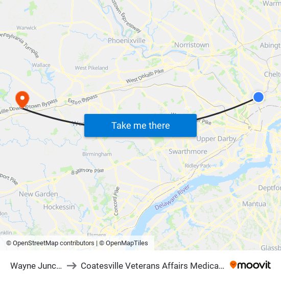 Wayne Junction to Coatesville Veterans Affairs Medical Center map