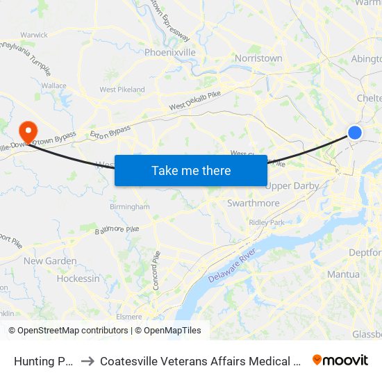 Hunting Park to Coatesville Veterans Affairs Medical Center map