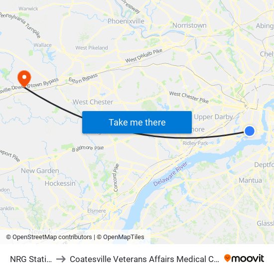 NRG Station to Coatesville Veterans Affairs Medical Center map